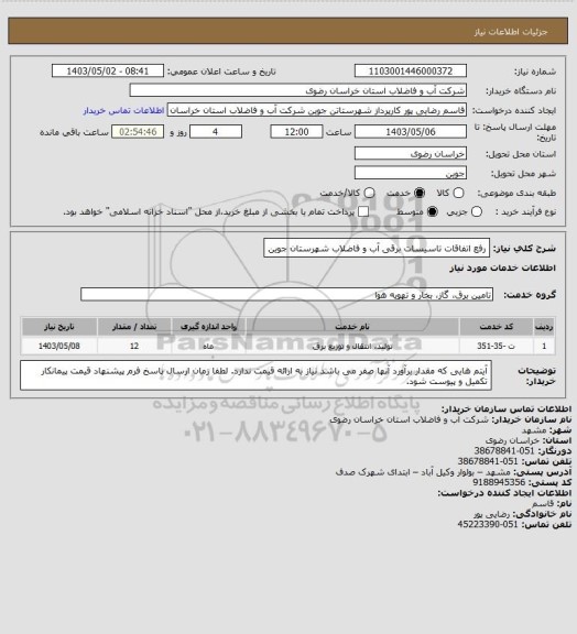 استعلام رفع اتفاقات تاسیسات برقی آب و فاضلاب شهرستان جوین