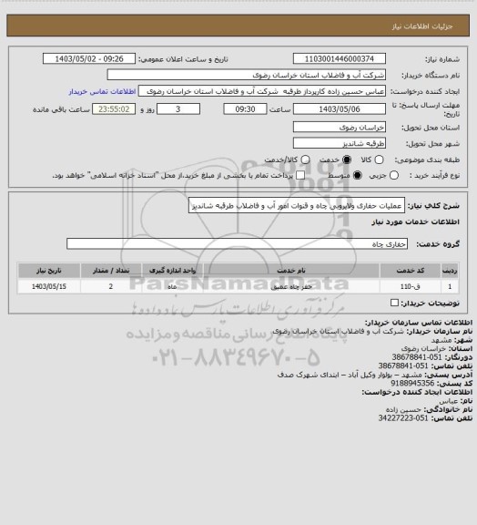 استعلام عملیات حفاری ولایروبی چاه و  قنوات امور آب و فاضلاب طرقبه شاندیز