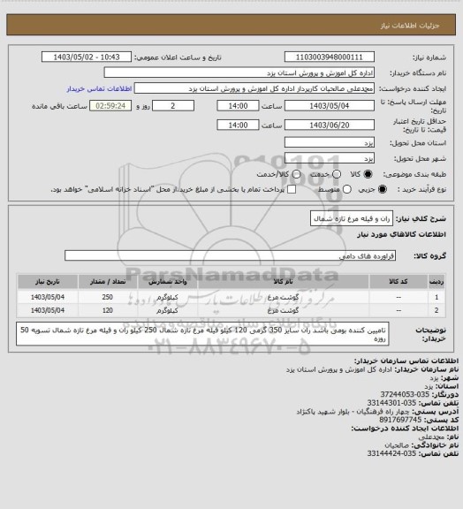 استعلام ران و فیله مرغ تازه شمال