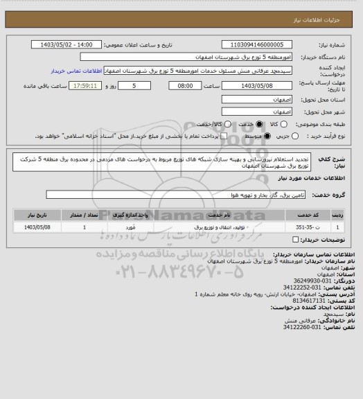 استعلام تجدید استعلام نیرورسانی و بهینه سازی شبکه های توزیع مربوط به درخواست های مردمی در محدوده برق منطقه 5 شرکت توزیع برق شهرستان اصفهان