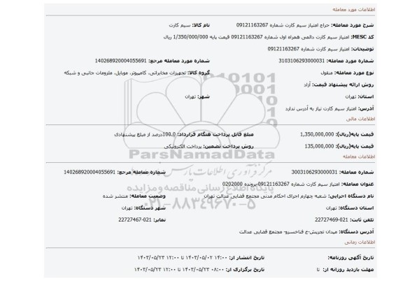 امتیاز سیم کارت شماره 09121163267