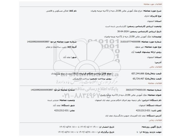 ملک آموزش عالی 2159..حبه از 72حبه عرصه واعیان