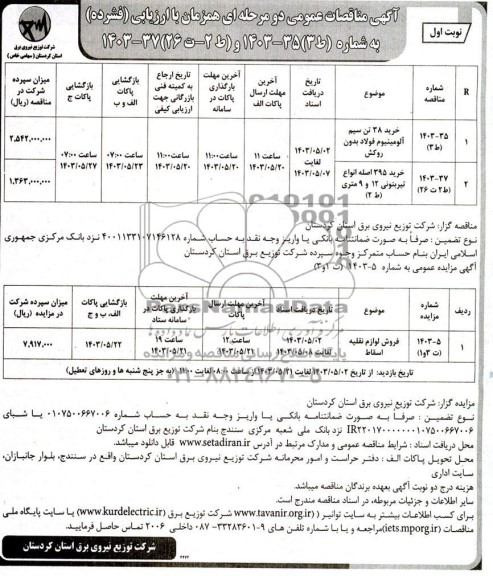 مناقصه و مزایده فروش لوازم نقلیه اسقاط و...