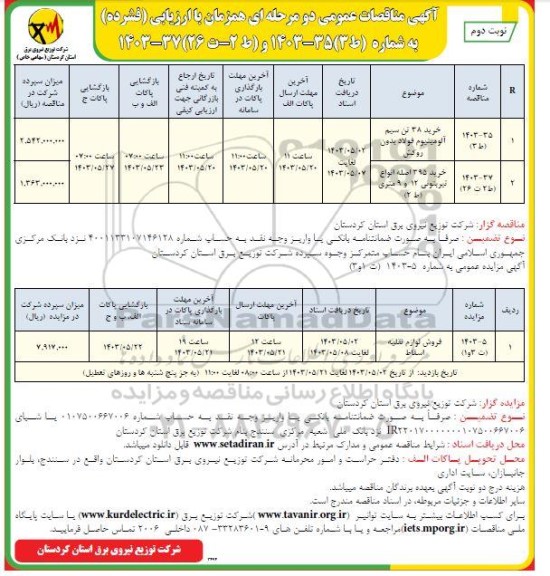 مناقصه و مزایده فروش لوازم نقلیه اسقاط و... - نوبت دوم 