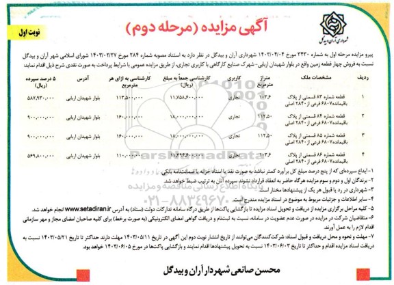 مزایده فروش چهار قطعه زمین با کاربری تجاری  - مرحله دوم 