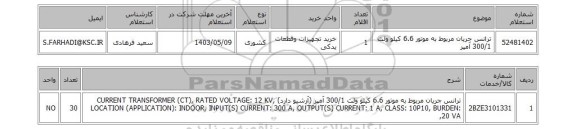 استعلام ترانس جریان مربوط به موتور 6.6 کیلو ولت 300/1 آمپر