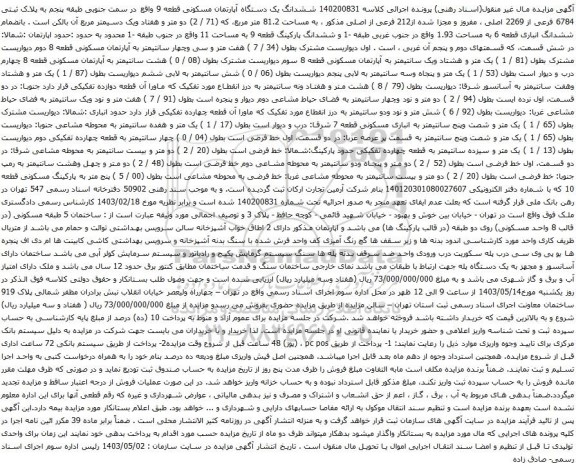 آگهی مزایده ششدانگ یک دستگاه آپارتمان مسکونی قطعه 9 واقع در سمت جنوبی طبقه پنجم به پلاک ثبتی 6784 فرعی از 2269 اصلی