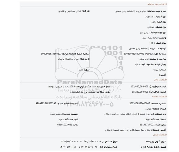 مزایده، مزایده یک قطعه زمین محصور