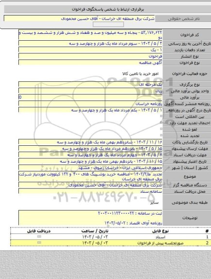 مناقصه, تجدید ط/۱۴۰۳/۳ - مناقصه خرید بوشینگ های ۴۰۰ و ۱۳۲ کیلوولت موردنیاز شرکت برق منطقه ای خراسان