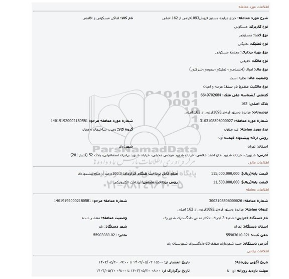 مزایده، مزایده دستور فروش1093فرعی از 162 اصلی