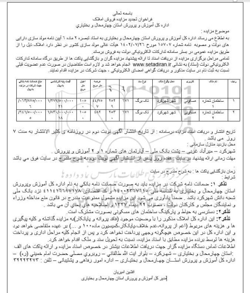 مزایده فروش املاک با کاربری مسکونی تجدید