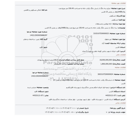 مزایده، سه دانگ از شش دانگ یکباب خانه به مساحت 150.40 متر مربع تحت پلاک10489واقد در بخش 15 فارس