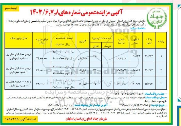 مزایده اجاره ملک / نوبت دوم