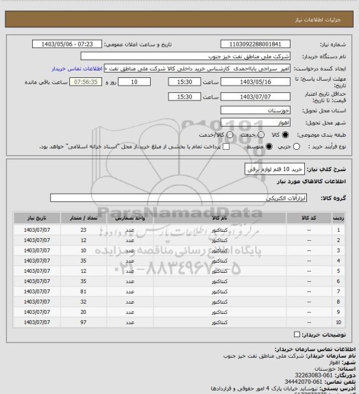 استعلام خرید 10 قلم لوازم برقی