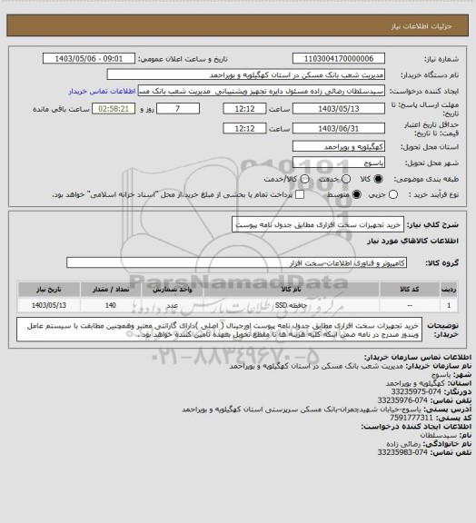 استعلام خرید تجهیزات سخت افزاری مطابق جدول نامه  پیوست