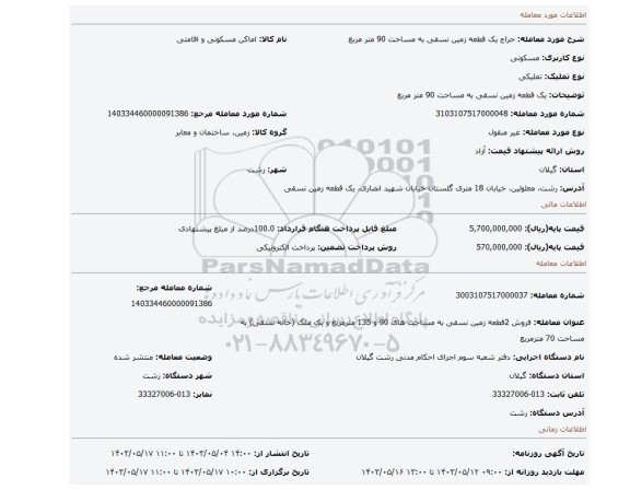 مزایده، یک قطعه زمین نسقی به مساحت 90 متر مربع