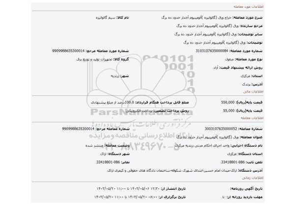 مزایده، ورق (گالوانیزه )آلومینیوم آجدار حدود ده برگ