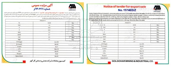 مزایده و مناقصه (هفتاد هزار (70.000) تن گندله سنگ آهن با عیار 65.00 درصد