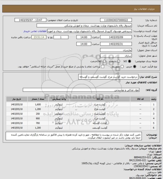 استعلام درخواست خرید گوشت مرغ، گوشت گوسفند و گوساله