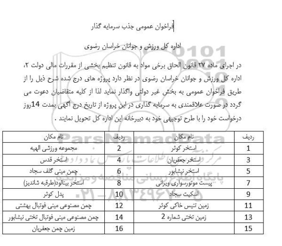 فراخوان مزایده و مناقصه عمومی جذب سرمایه گذار