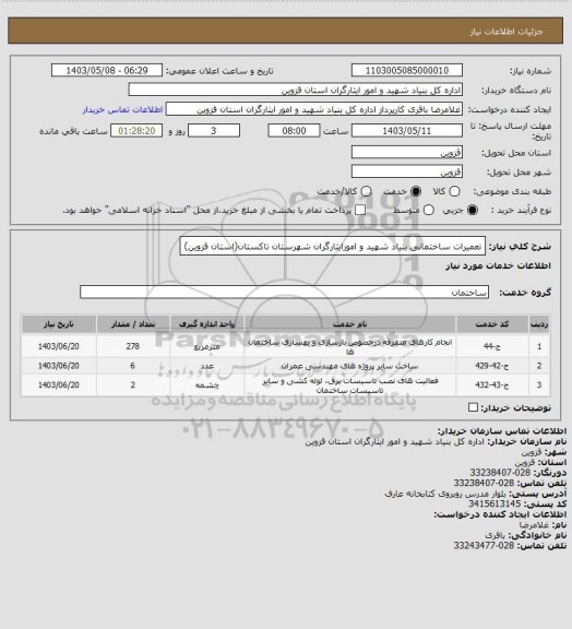 استعلام تعمیرات ساختمانی بنیاد شهید و امورایثارگران شهرستان تاکستان(استان قزوین)