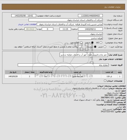 استعلام حفر چاه و لایروبی قنوات امور آب و فاضلاب طرقبه شاندیز