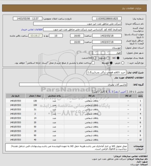 استعلام خرید 21قلم قطعات یدگی پمپ(بیرنگ)