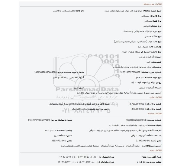 مزایده، حراج نوبت اول اموال غیر منقول توقیف شده