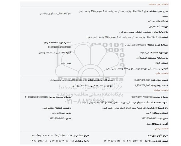 مزایده، 6 دانگ ملک واقع در مسکن مهر رشت فاز 2 -مجتمع 380 واحدی یاس سفید