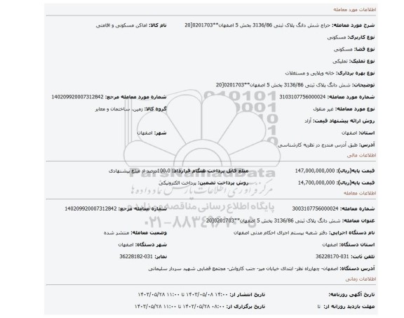 مزایده،  شش دانگ پلاک ثبتی 3136/86 بخش 5 اصفهان**0201703[20