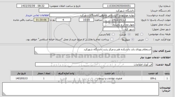 استعلام استعلام پهنای باند دانشکده هنر و مرکز رشد دانشگاه شهرکرد