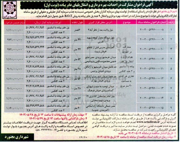  فراخوان مشارکت در احداث، بهره برداری و انتقال پلهای عابر پیاده 