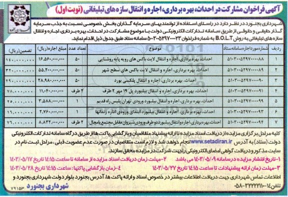 مناقصه و مزایده فراخوان مشارکت در احداث بهره برداری اجاره و انتقال سازه های تبلیغاتی ....