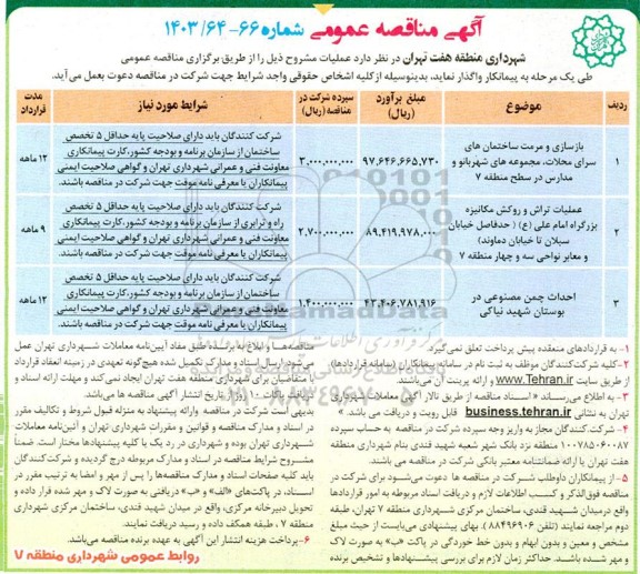 مناقصه بازسازی و مرمت ساختمان های سرای محلات، مجموعه های شهربانو و مدارس...