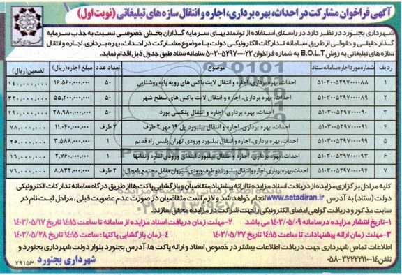 مناقصه و مزایده فراخوان مشارکت در احداث بهره برداری اجاره و انتقال سازه های تبلیغاتی ....