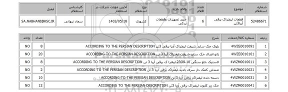 استعلام قطعات لیفتراک برقی آریا3تن