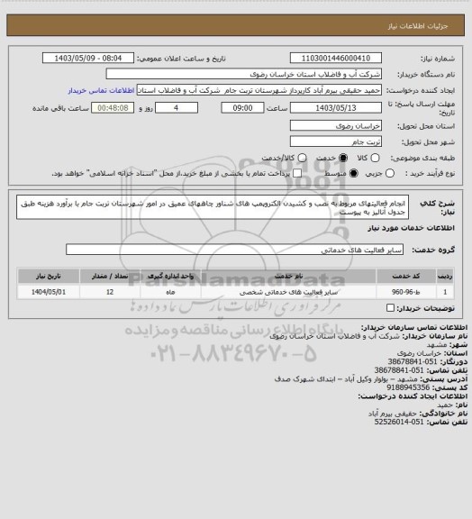 استعلام انجام فعالیتهای مربوط به نصب و کشیدن الکتروپمپ های شناور چاههای عمیق در امور شهرستان تربت جام  با برآورد هزینه طبق جدول آنالیز به پیوست