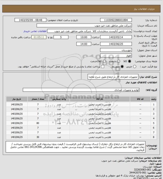 استعلام تجهیزات انفرادی کار در ارتفاع  طبق شرح تقاضا