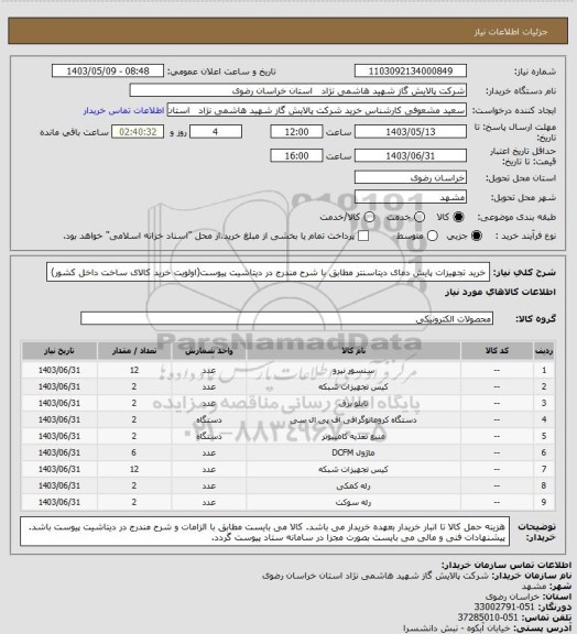 استعلام خرید تجهیزات پایش دمای دیتاسنتر مطابق با شرح مندرج در دیتاشیت پیوست(اولویت خرید کالای ساخت داخل کشور)