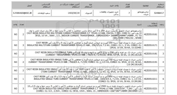 استعلام ترانسفورماتور جریان