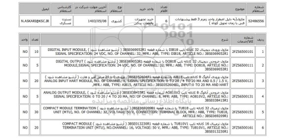 استعلام ماژول(به دلیل اضطرار واحد زمزم 3 فقط پیشنهادات فنی با زمان تحویل کوتاه )