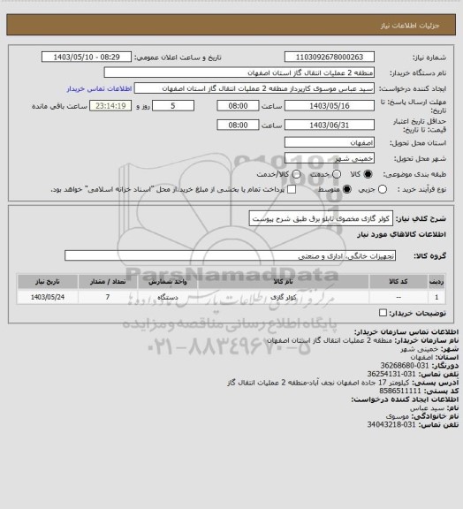 استعلام کولر گازی مخصوی تابلو برق طبق شرح پیوست