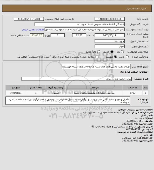 استعلام تهیه و نصب دوربین های مدار بسته کتابخانه مرکزی استان خوزستان