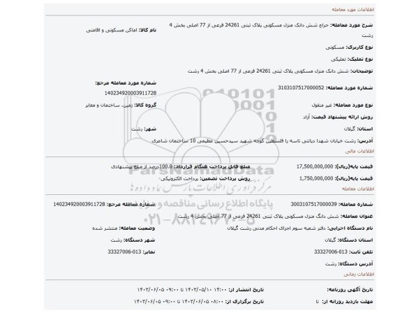 مزایده، شش دانک منزل مسکونی پلاک ثبتی 24261 فرعی از 77 اصلی بخش 4 رشت