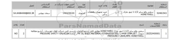 استعلام سفتی والو سایز 1/2-1 اینچ، مارک HONEYWELL