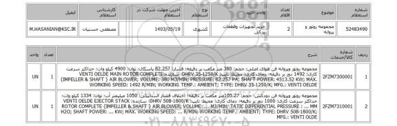 استعلام مجموعه روتور و پروانه