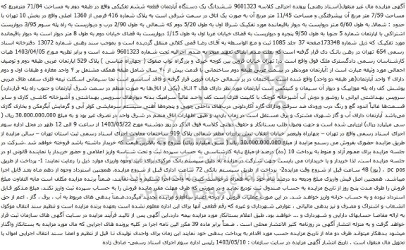 آگهی مزایده ششدانگ یک دستگاه آپارتمان قطعه ششم تفکیکی واقع در طبقه دوم به مساحت 71/84 مترمربع که مساحت 7/59 متر مربع