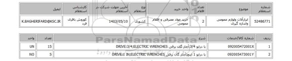 استعلام ابزارآلات ولوازم عمومی واندازه گیری