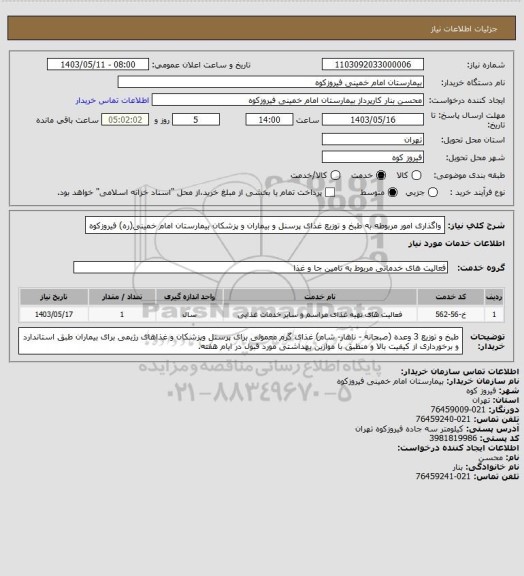 استعلام واگذاری امور مربوطه به طبخ و توزیع غذای پرسنل و بیماران و پزشکان  بیمارستان امام خمینی(ره) فیروزکوه