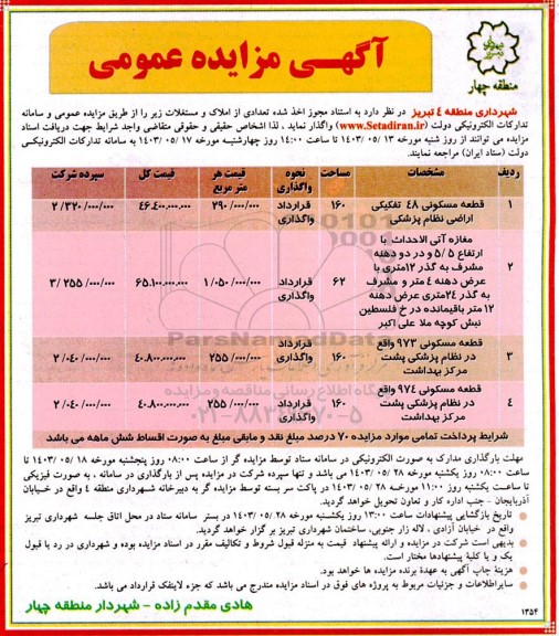 مزایده واگذاری 3 ردیف قطعه مسکونی و یک ردیف مغازه 